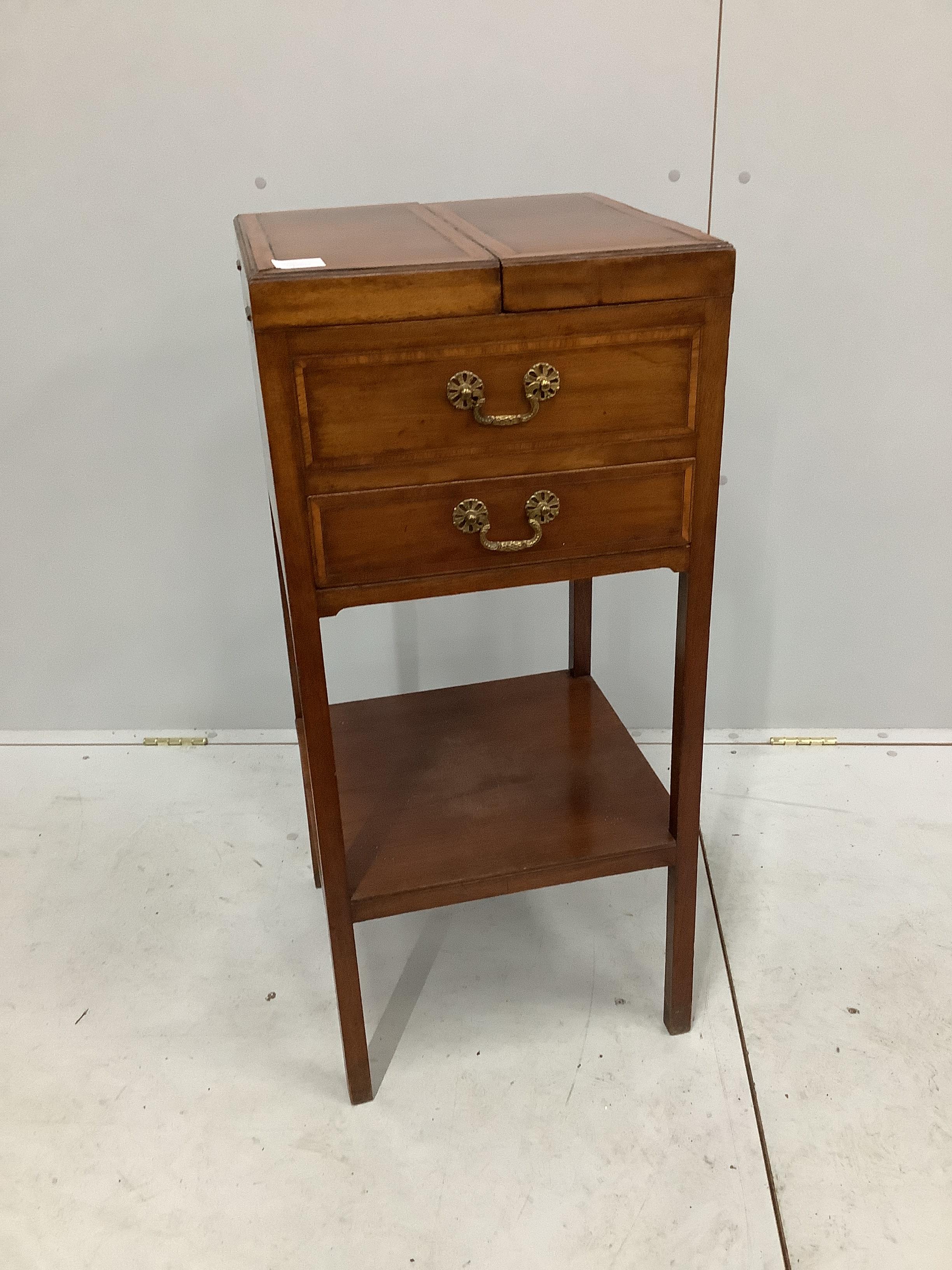 A George III banded mahogany enclosed wash stand converted to a bijouterie table, width 41cm, depth 40cm, height 91cm